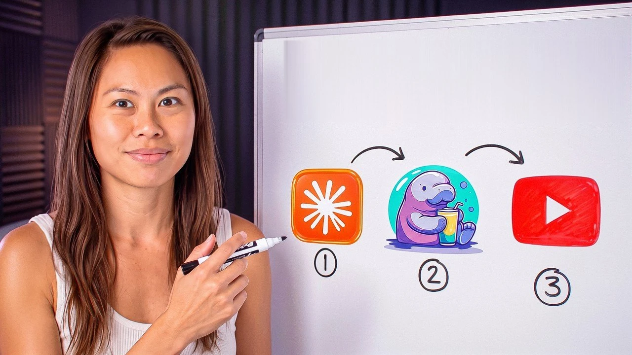 Sabrina Ramonov at a whiteboard sketching the flow from Claude to Blotato to a published video, the thumbnail for this Claude video generation tutorial.
