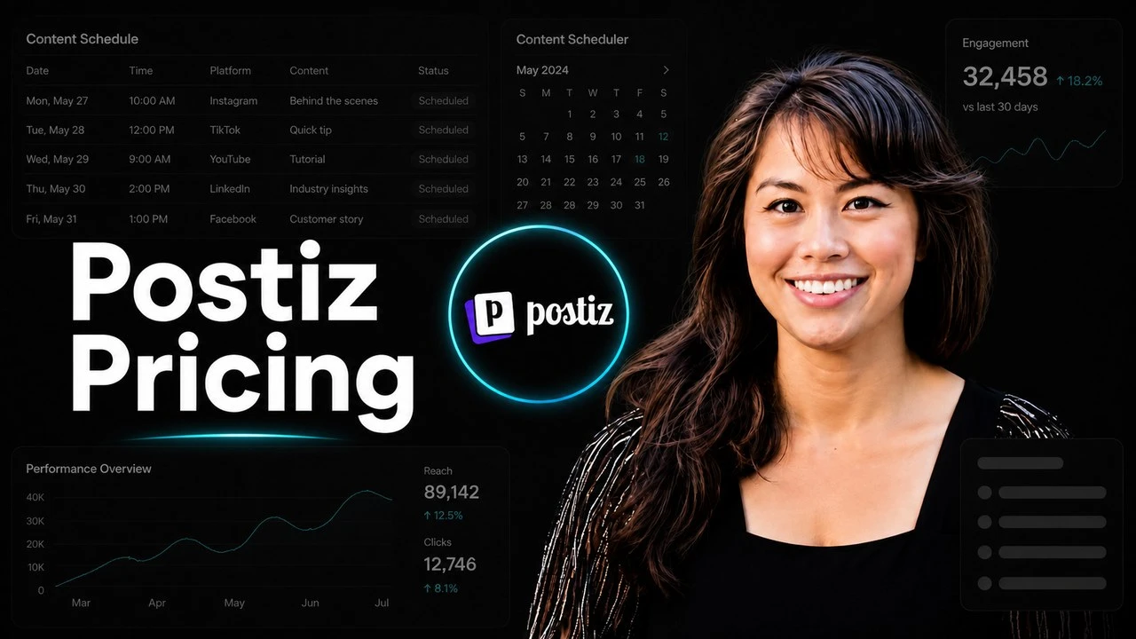 Postiz Pricing 2026 hero with the Postiz logo and Sabrina Ramonov on a dark background showing scheduling and channel UI