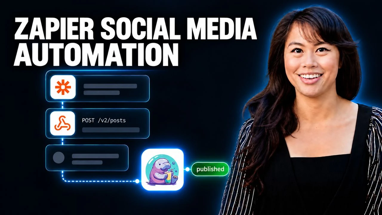 Zapier social media automation: a Zapier trigger step feeding a Webhooks by Zapier POST step into Blotato, then a status check that confirms the post published.
