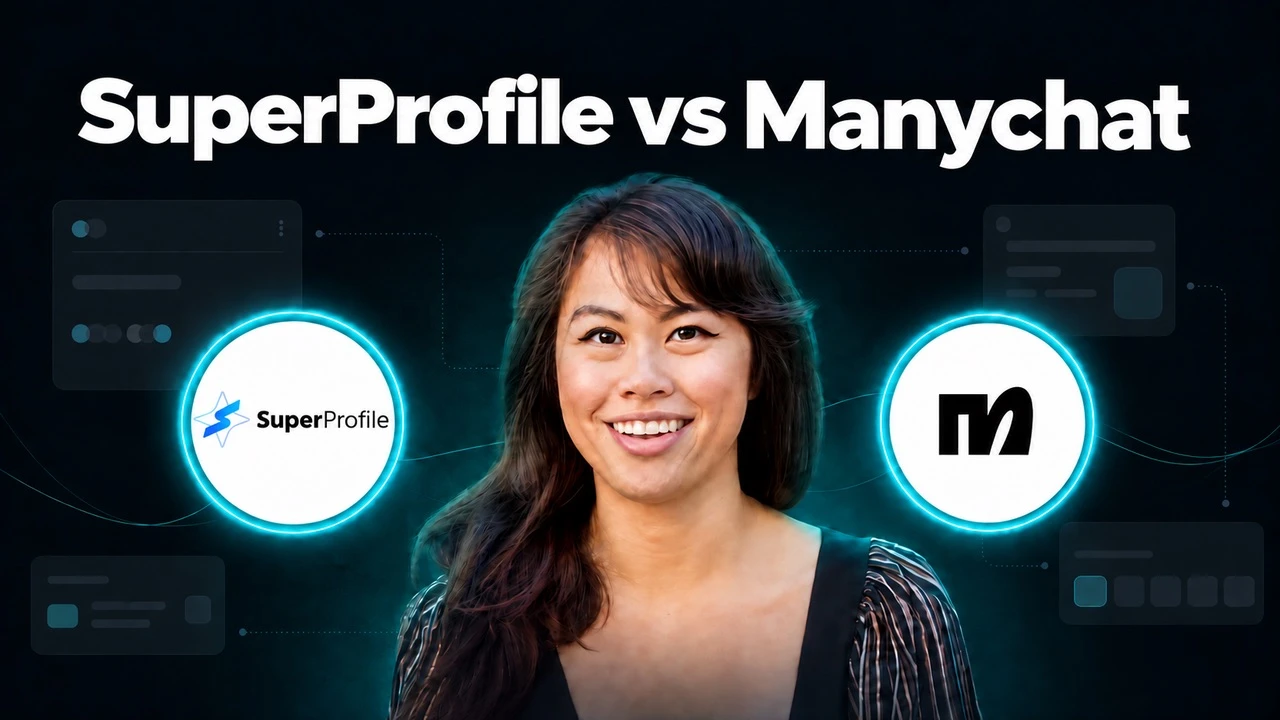 SuperProfile vs Manychat headline above Sabrina Ramonov, with the SuperProfile and Manychat logos in glowing teal rings on either side.