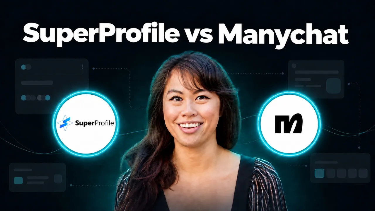 SuperProfile vs Manychat headline above Sabrina Ramonov, with the SuperProfile and Manychat logos in glowing teal rings on either side.