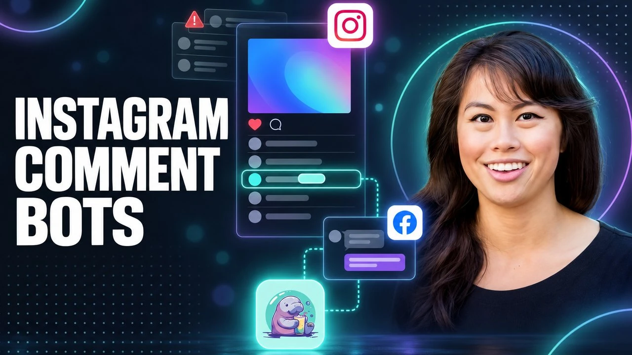 An Instagram post whose keyword comment triggers a private DM through social media automation, beside a faded stack of repeated spam comments