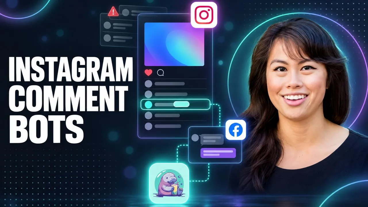 An Instagram post whose keyword comment triggers a private DM through social media automation, beside a faded stack of repeated spam comments