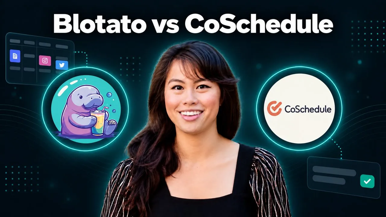 Sabrina Ramonov between the Blotato manatee and the CoSchedule logo, for a comparison of a marketing calendar for social posts, blog posts and tasks with one key an AI agent uses to publish to 9 social media platforms.