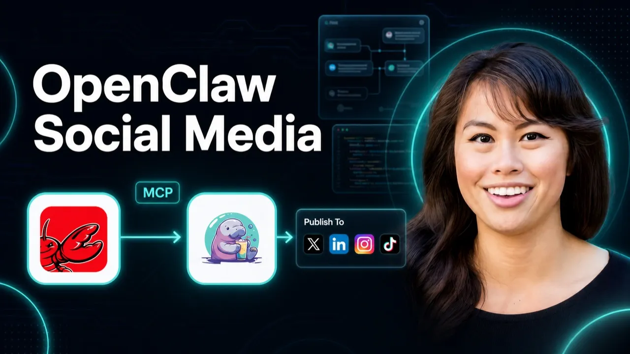 OpenClaw connected to social platforms through a hosted MCP server, shown as a connect-once publishing path.