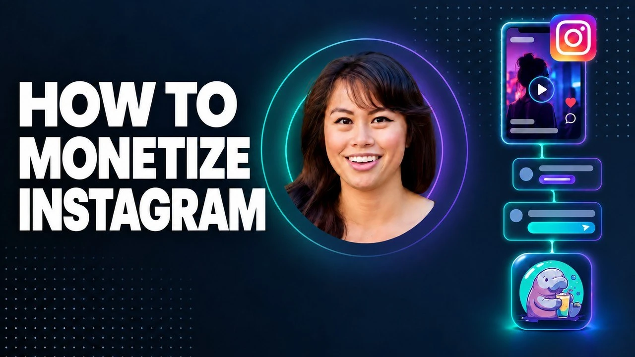 How to Monetize Instagram headline beside Sabrina Ramonov in a glowing ring, with an Instagram reel whose comment turns into a DM flowing into the Blotato manatee tile