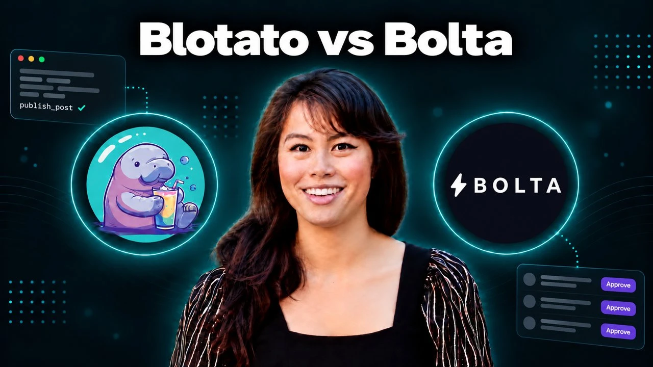 Blotato vs Bolta: the Blotato manatee and the Bolta logo on either side of Sabrina Ramonov, with an agent terminal on one side and an approval queue on the other.