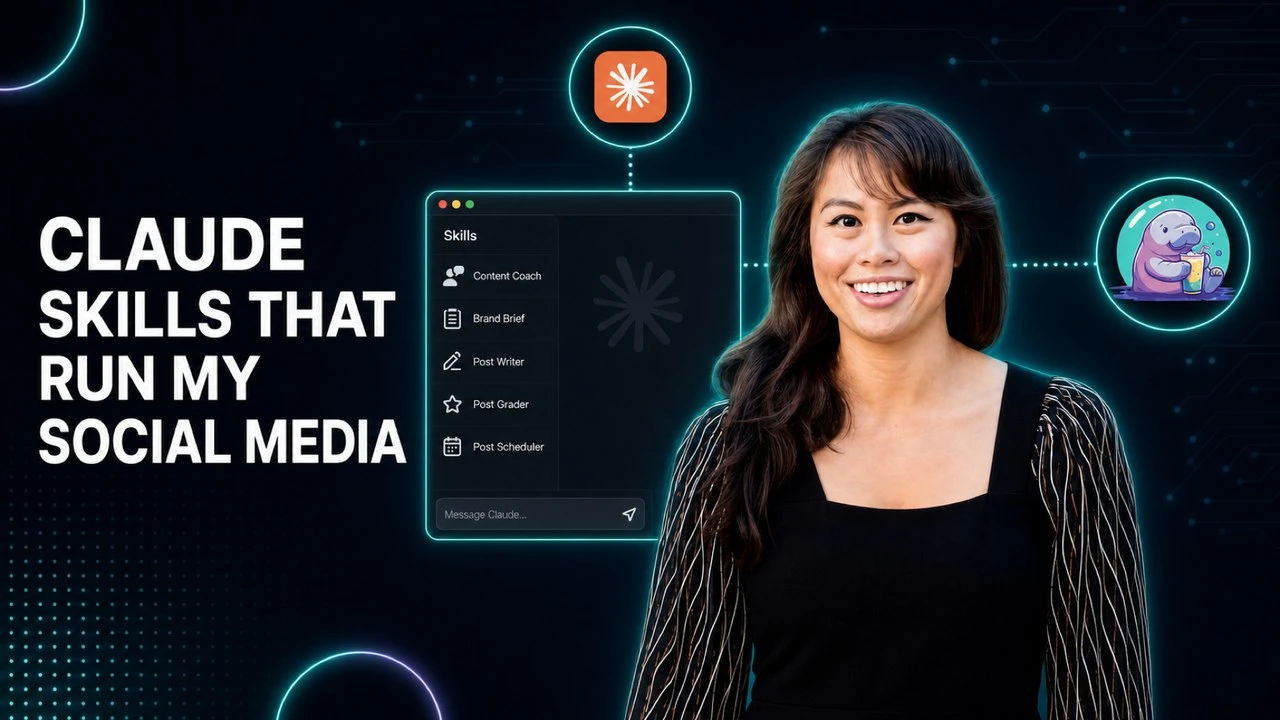 Five Claude skills for social media: content coach, brand brief, post writer, post grader, and post scheduler running from one chat.