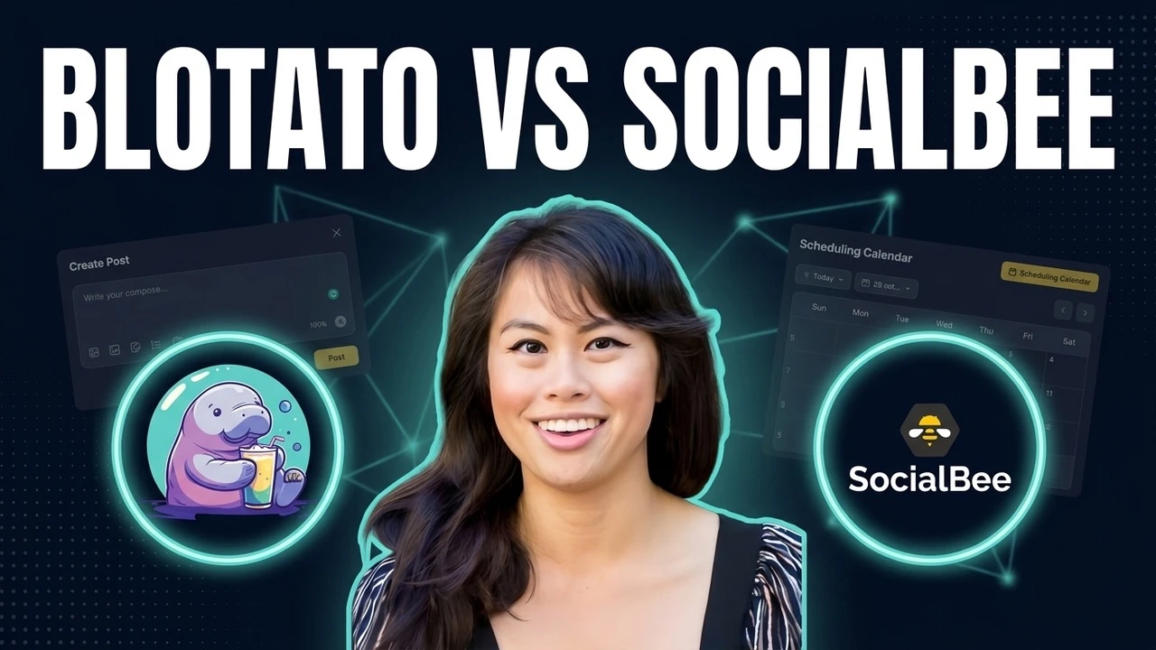 Blotato vs SocialBee comparison showing both platform logos with Sabrina Ramonov
