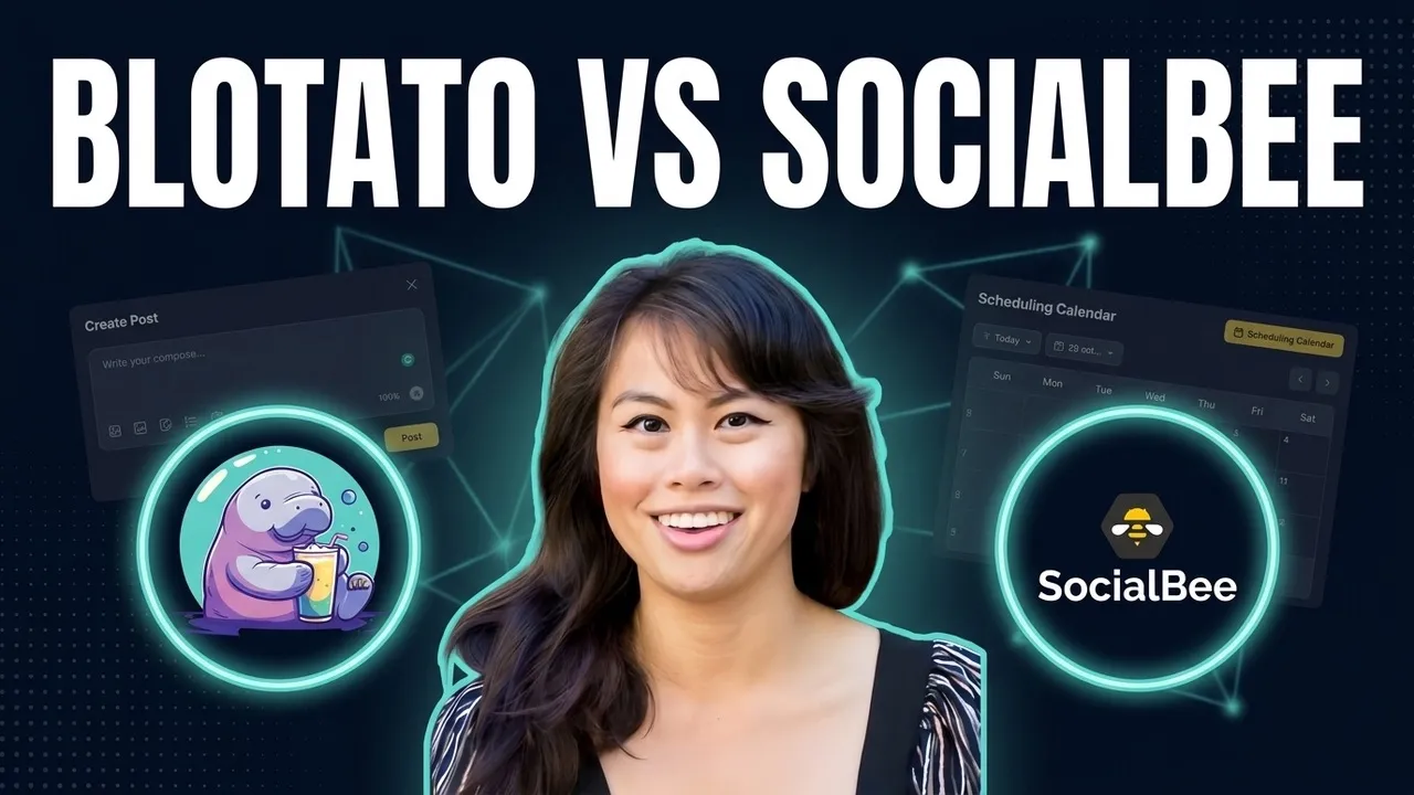 Blotato vs SocialBee comparison showing both platform logos with Sabrina Ramonov