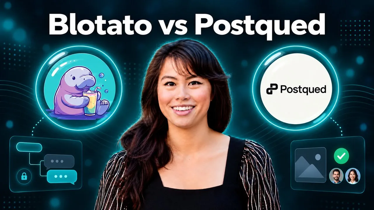 Sabrina Ramonov between the Blotato manatee, beside a private messages panel, and the Postqued logo, beside an approvals panel, for a comparison of two social media plans at the same price.