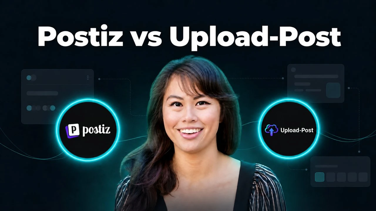 Postiz vs Upload-Post featured image with the Postiz and Upload-Post logos in glowing teal rings on either side of Sabrina Ramonov.