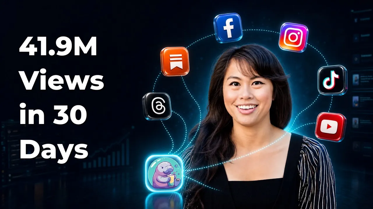 41.9M Views in 30 Days: Sabrina Ramonov surrounded by Facebook, Instagram, TikTok, YouTube, Substack, and Threads app icons flowing into Blotato