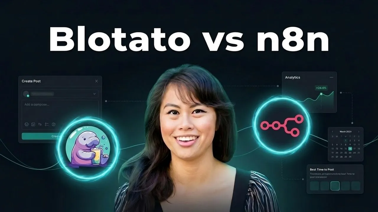 Blotato versus n8n comparison for social media automation, with both logos beside Sabrina Ramonov over a dark workflow background.