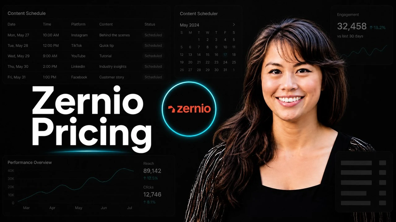 Zernio Pricing 2026 hero with the Zernio logo and Sabrina Ramonov on a dark background showing a usage-based rate card