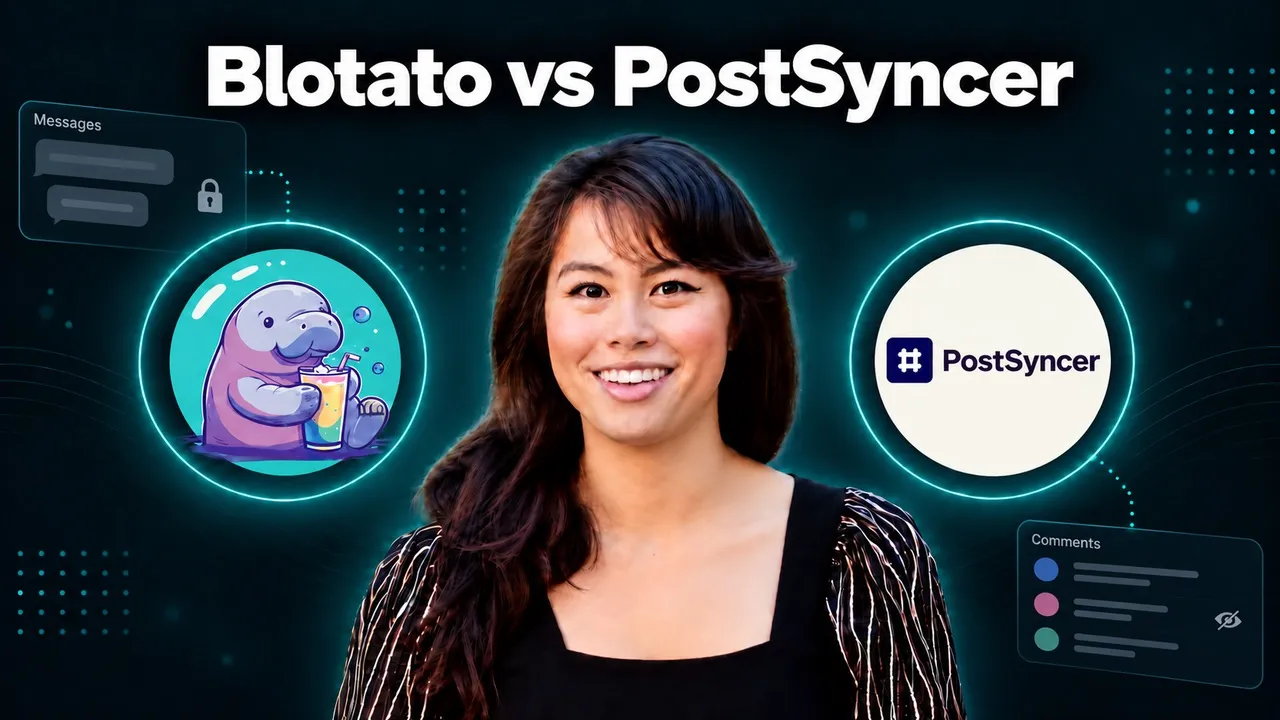 Sabrina Ramonov between the Blotato manatee, beside a private messages panel, and the PostSyncer logo, beside a public comments panel, for a comparison of two social media APIs an AI agent can run.