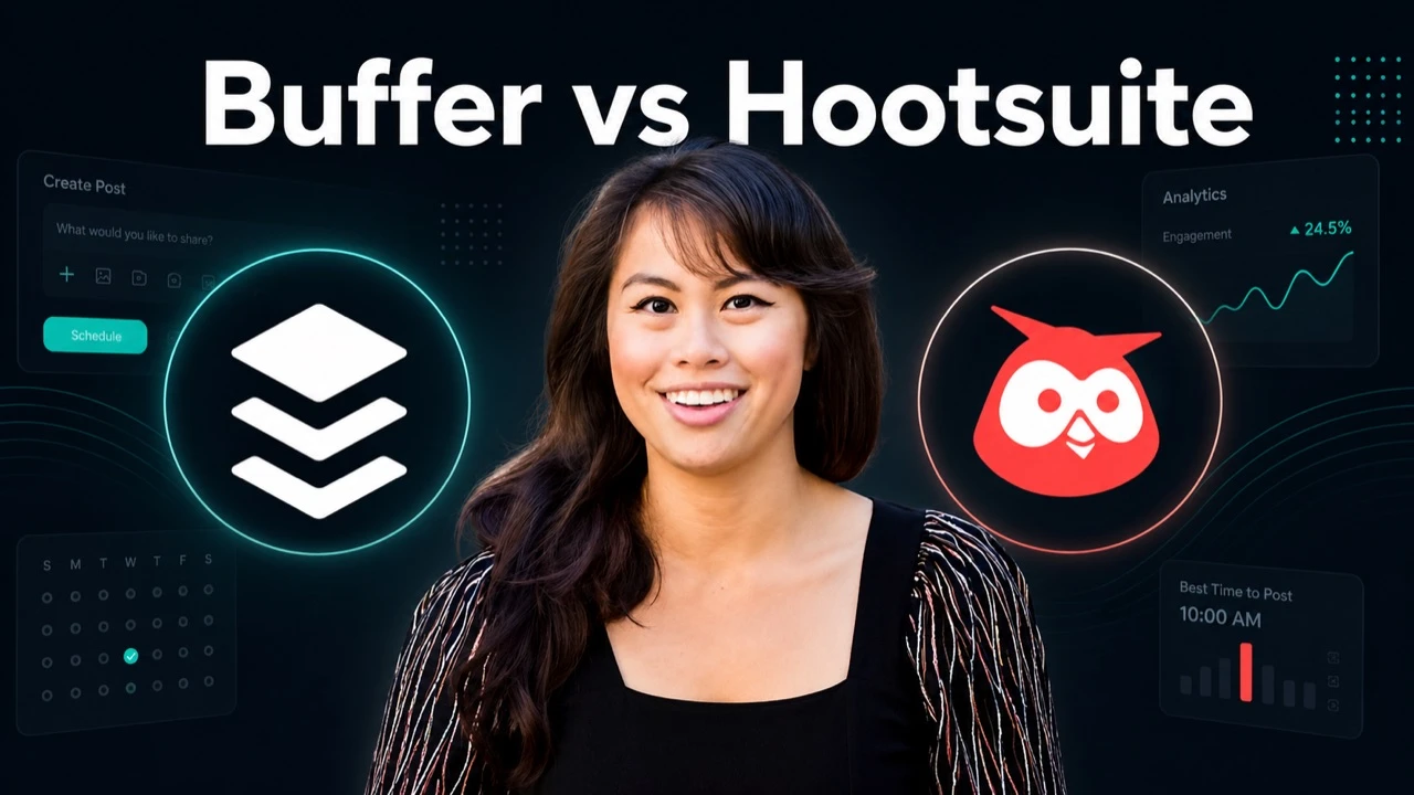 Buffer vs Hootsuite comparison, with the Buffer and Hootsuite logos either side of Sabrina Ramonov and social media dashboard elements in the background.