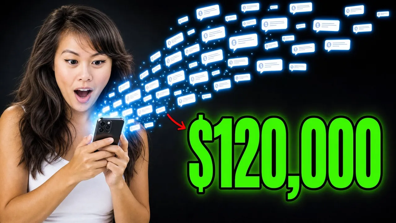 Thumbnail from Sabrina Ramonov's video on Instagram DM automation, showing a phone streaming chat bubbles beside the headline figure $120,000
