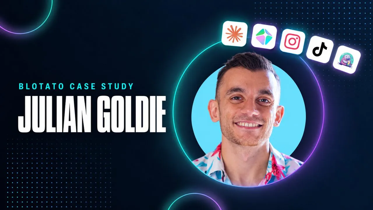 Julian Goldie, the SEO agency founder and YouTube creator whose Claude-run Agent OS writes, edits, posts and tracks his short videos, with the Claude, HeyGen, Instagram, TikTok and Blotato tiles from his stack.