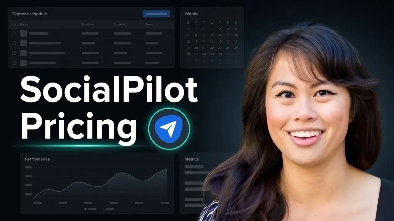 SocialPilot Pricing 2026 hero with the SocialPilot logo and Sabrina Ramonov on a dark background showing a content calendar and performance chart