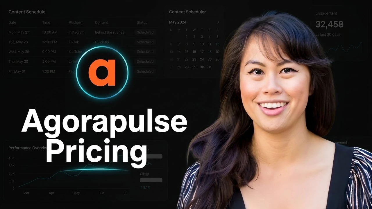 Agorapulse Pricing title over a dim social media dashboard, with the Agorapulse logo mark in a teal ring
