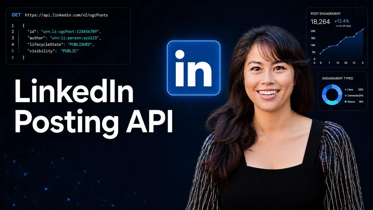 LinkedIn posting API integration guide showing a Posts API request, the image upload flow, and a unified API alternative