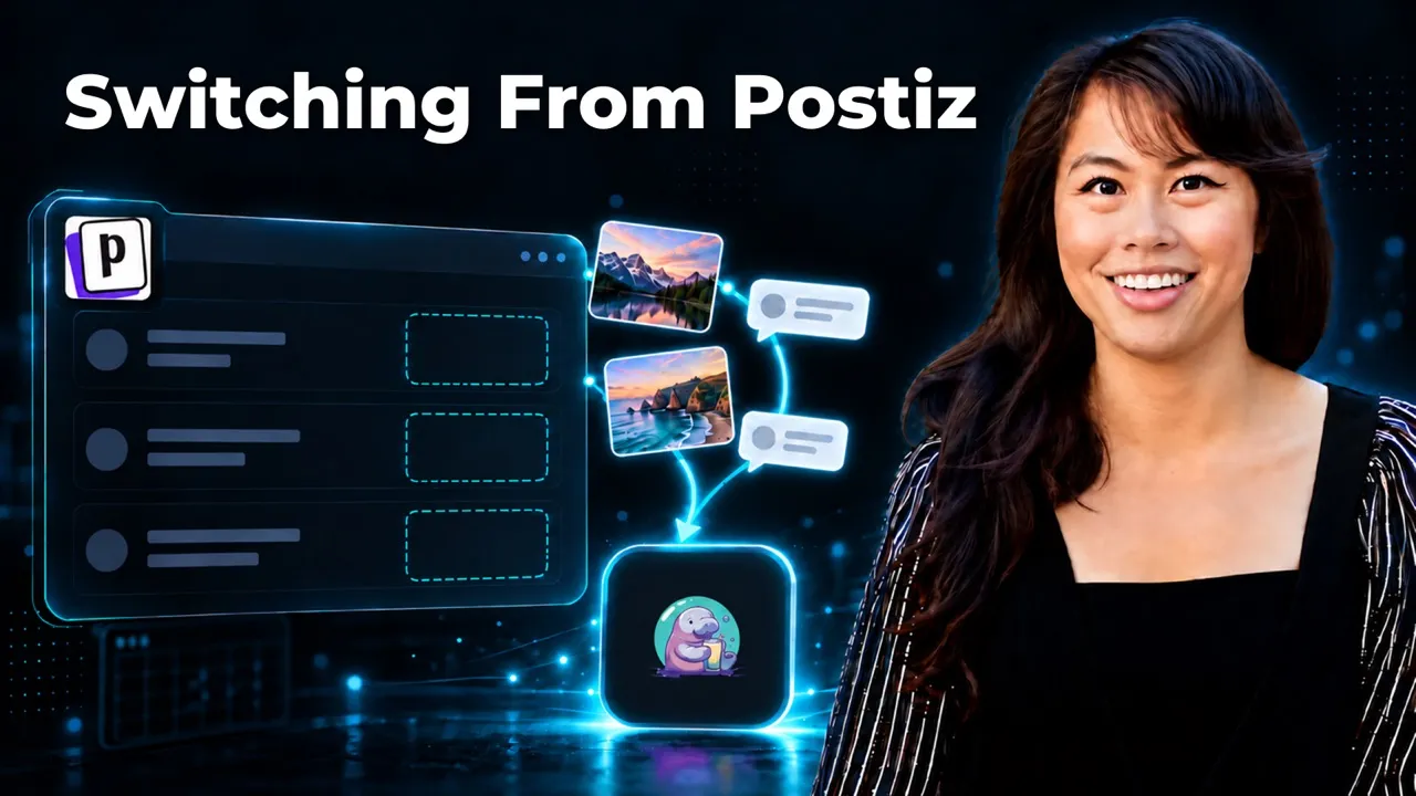 Sabrina Ramonov beside a Postiz post list whose media slots sit empty, while the posts' images and reply bubbles flow separately into a Blotato tile