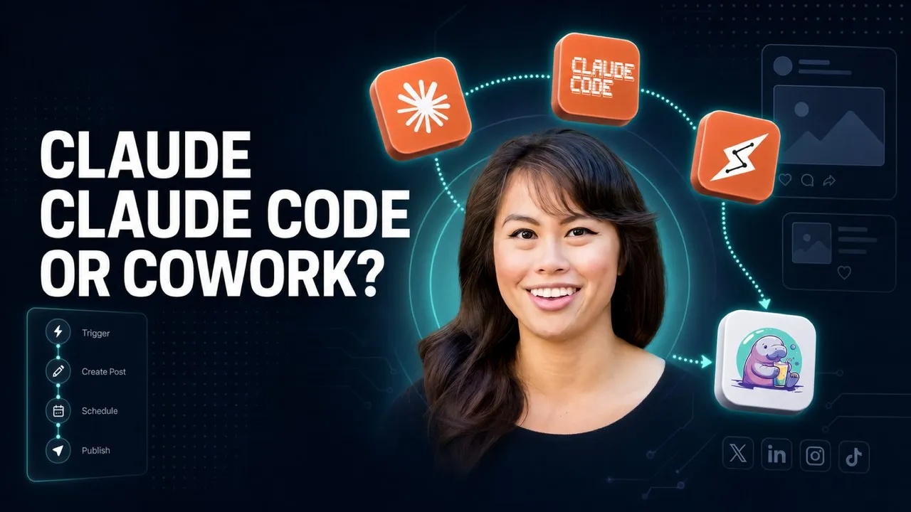 Claude vs Claude Code vs Cowork for social media: three Claude surfaces publishing to every platform through Blotato's MCP server.