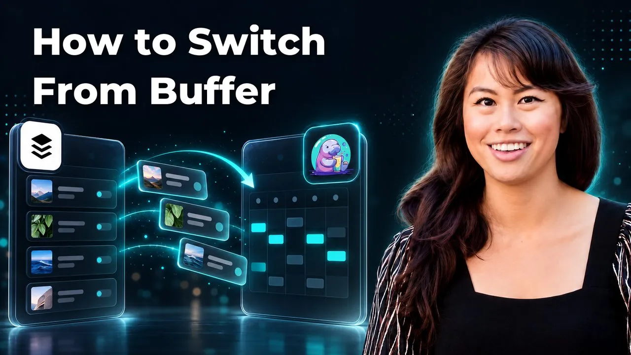Sabrina Ramonov beside a Buffer queue of scheduled social media posts moving into a Blotato schedule