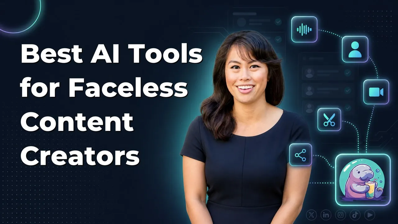 AI tools for faceless content creators workspace with voice, avatar, editing, and posting tools flowing to Blotato