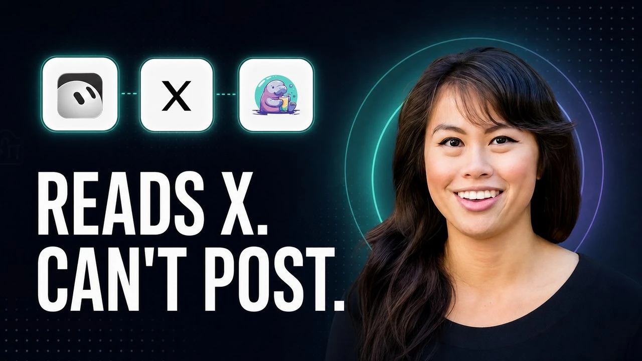 Grok Bot's X connector shown as a one-way read path from X into an agent, beside a separate publishing path out to nine social media platforms.