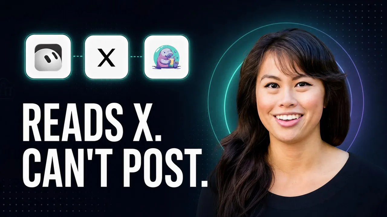 Grok Bot's X connector shown as a one-way read path from X into an agent, beside a separate publishing path out to nine social media platforms.