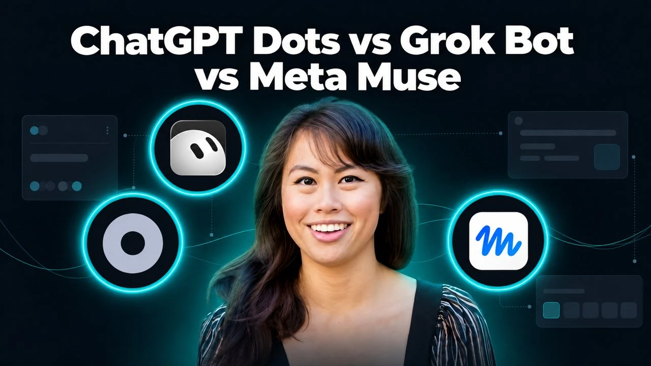 ChatGPT Dots vs Grok Bot vs Meta Muse for social media: Sabrina Ramonov between the logos of the three always-on AI agents.