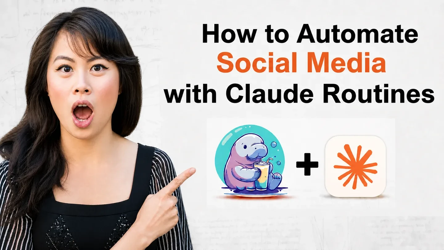 Claude routines for social media: Sabrina Ramonov pointing at the Blotato and Claude logos under the title How to Automate Social Media with Claude Routines