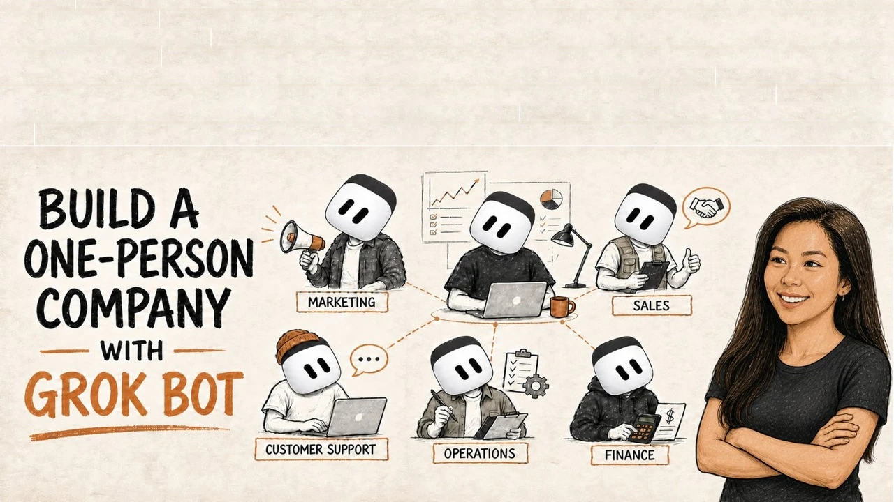 Illustration of a one-person company built with Grok Bot: Sabrina Ramonov beside specialist Bots for marketing, sales, customer support, operations, and finance.