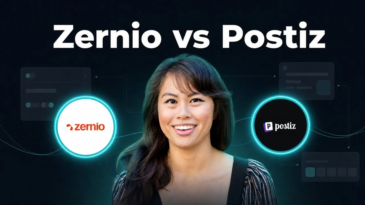 Zernio vs Postiz comparison, with the Zernio and Postiz logos either side of Sabrina Ramonov, over dark social media dashboard elements.