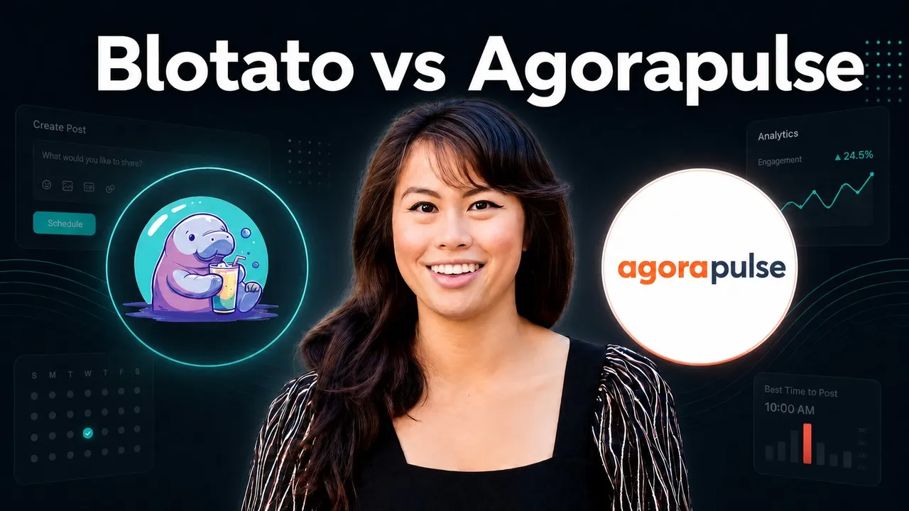 Blotato vs Agorapulse comparison hero with both brand logos flanking a creator and faint social workflow UI in the background