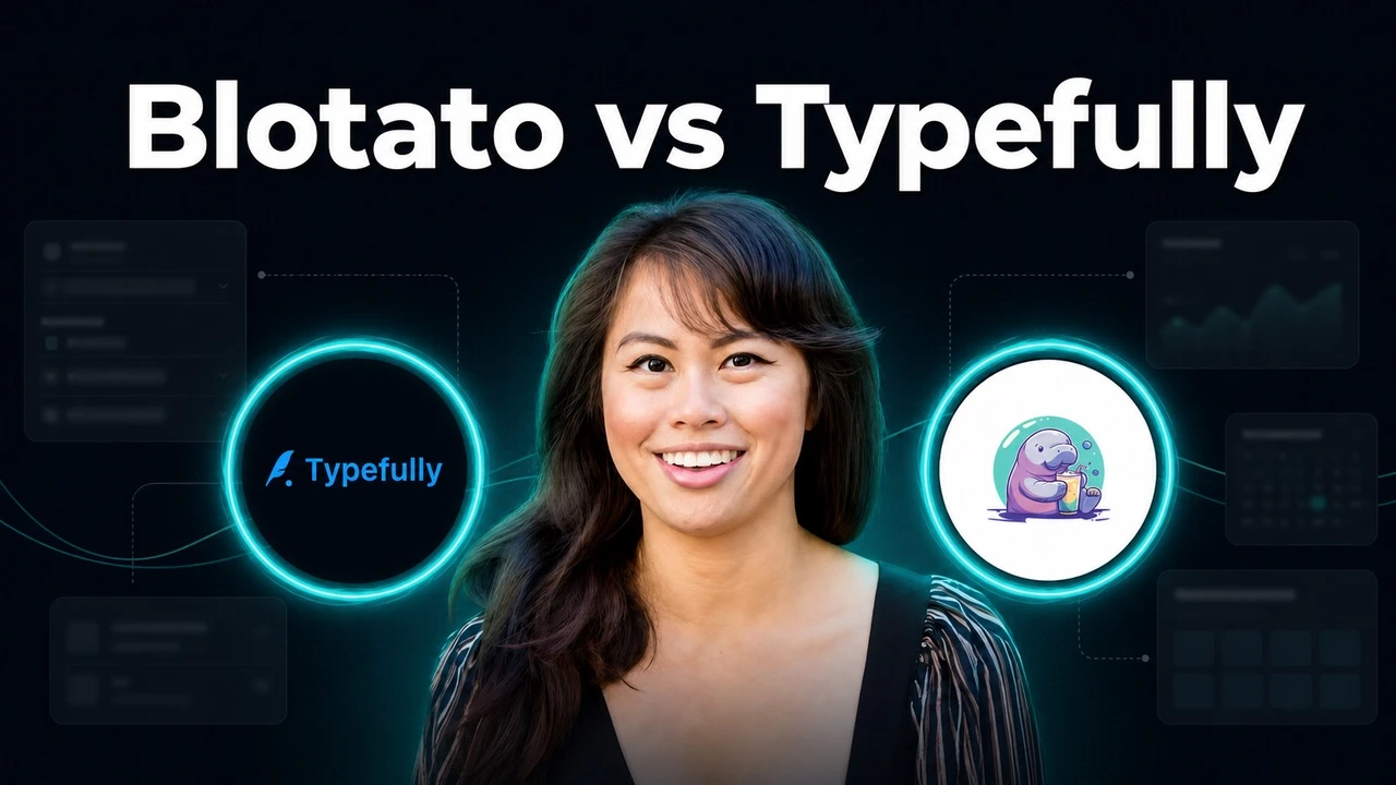 Blotato vs Typefully compared for social media publishing, with the Typefully and Blotato logos either side of Sabrina Ramonov.