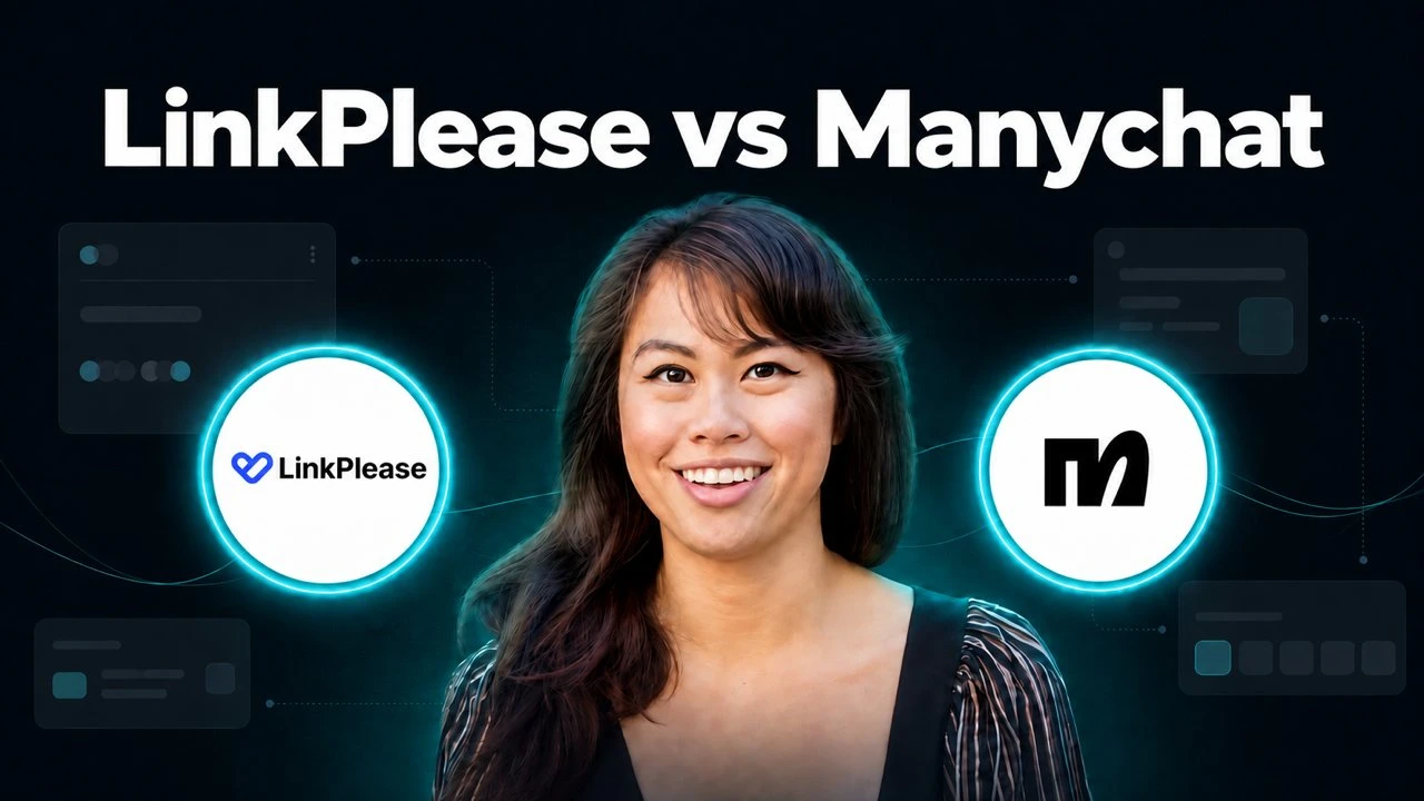 LinkPlease vs Manychat headline above Sabrina Ramonov, with the LinkPlease and Manychat logos in glowing teal rings on either side.