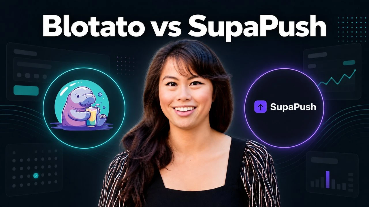 Blotato vs SupaPush compared as social media tools, with both logos either side of Sabrina Ramonov.