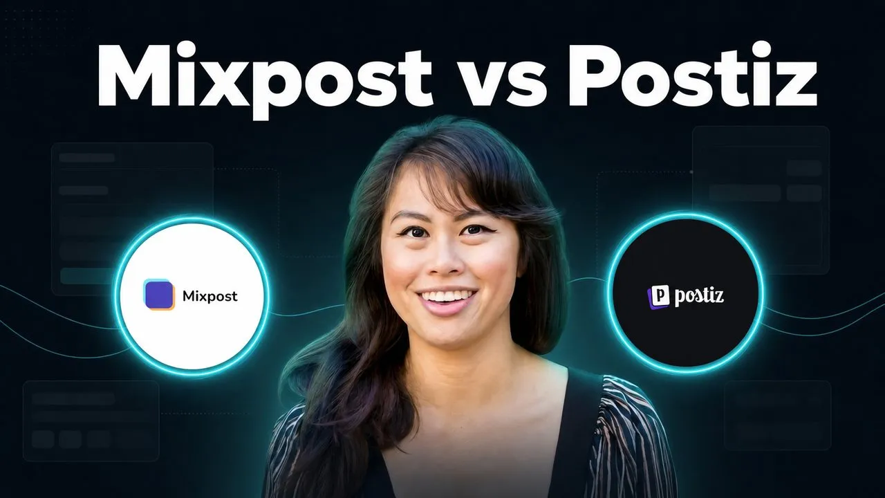 Mixpost vs Postiz comparison, with the Mixpost and Postiz logos either side of Sabrina Ramonov, over dark social media dashboard elements.