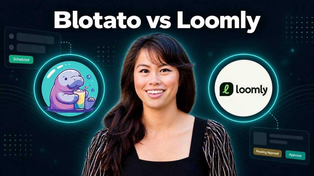 Blotato vs Loomly compared on where a person reviews a social media post an AI agent wrote: in Loomly's approval workflow, or in the chat before the agent publishes through Blotato.