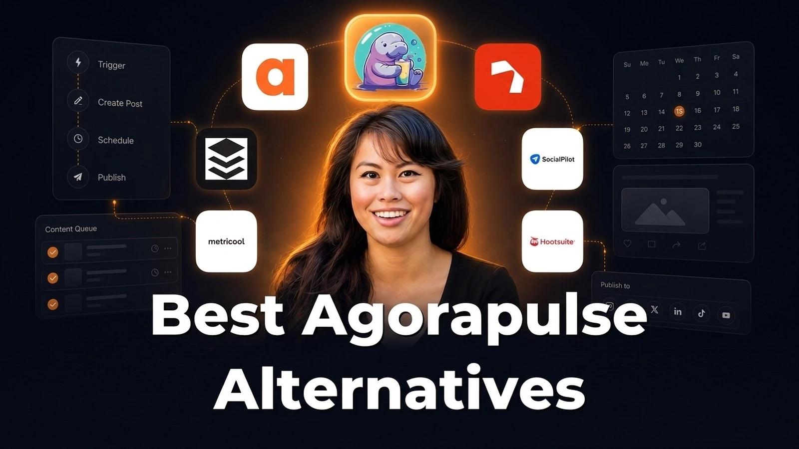 Best Agorapulse Alternatives title over a dim social dashboard, with nine tool logos arranged in an arc