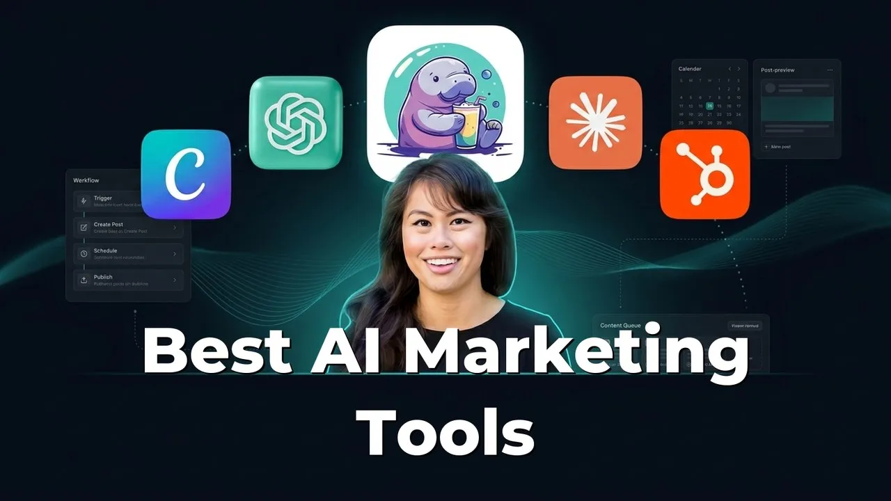 Best AI marketing tools in 2026 featuring Blotato, ChatGPT, Claude, Canva, and HubSpot