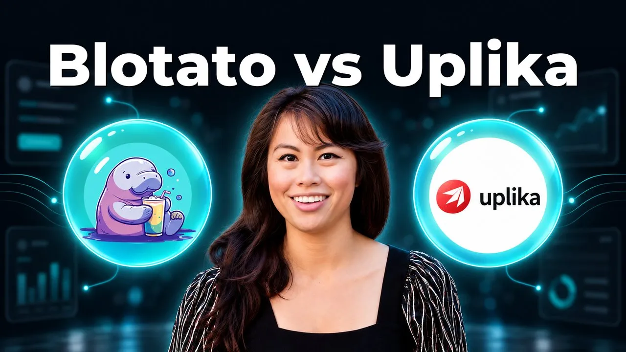 Blotato vs Uplika compared as hosted social media MCP servers for AI agents, with both logos either side of Sabrina Ramonov.