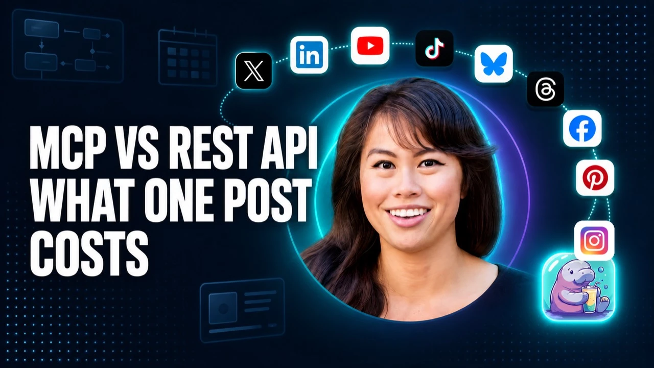 Nine social media platform logos flowing into one Blotato endpoint, the fan-out measured for tokens and cost over both an MCP server and a REST API.