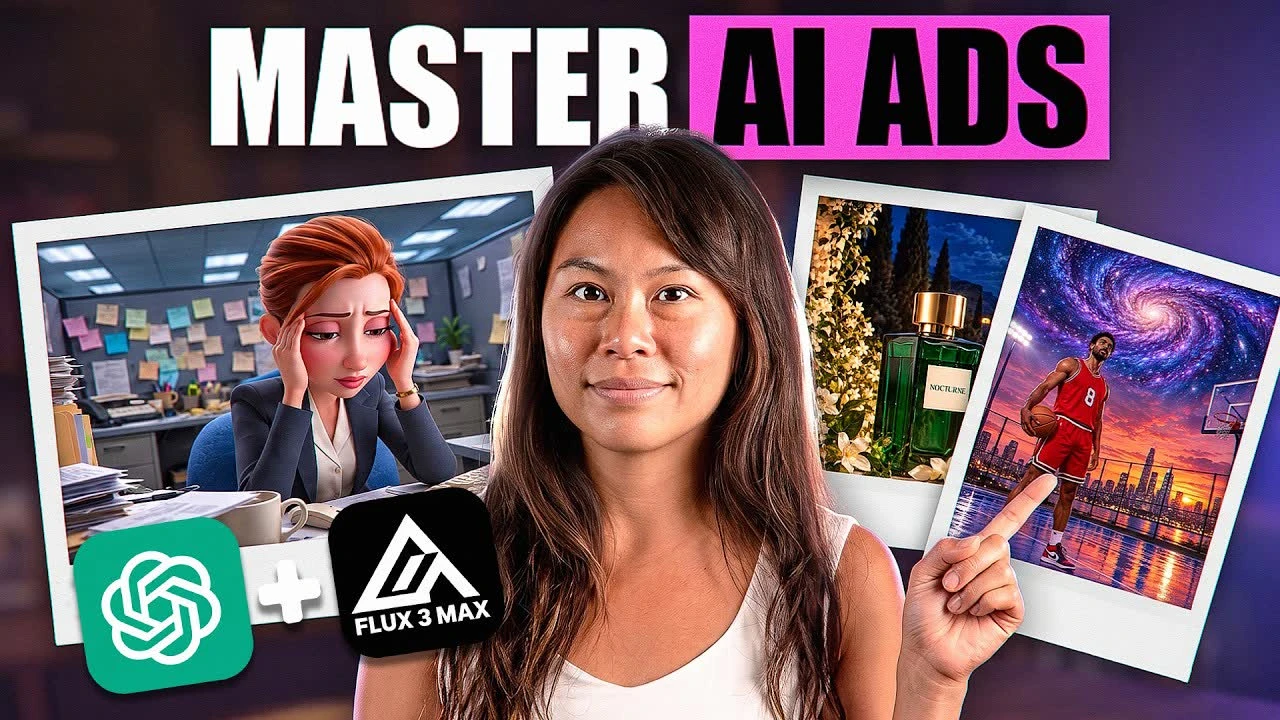Sabrina Ramonov between an animated office worker, a perfume bottle ad and a basketball player under a galaxy sky, with the ChatGPT and Flux 3 Max logos, the thumbnail for this Flux 3 Max tutorial.