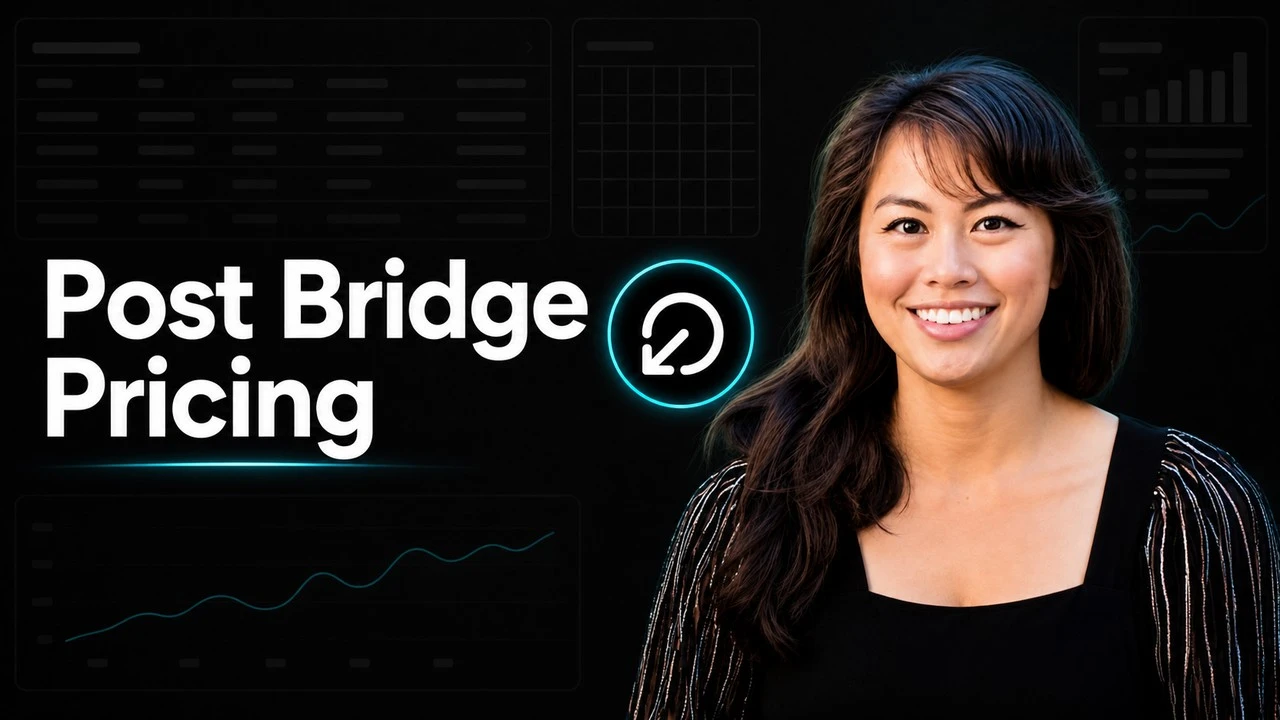 Post Bridge Pricing 2026 hero with the Post Bridge logo and Sabrina Ramonov on a dark background showing a scheduling dashboard