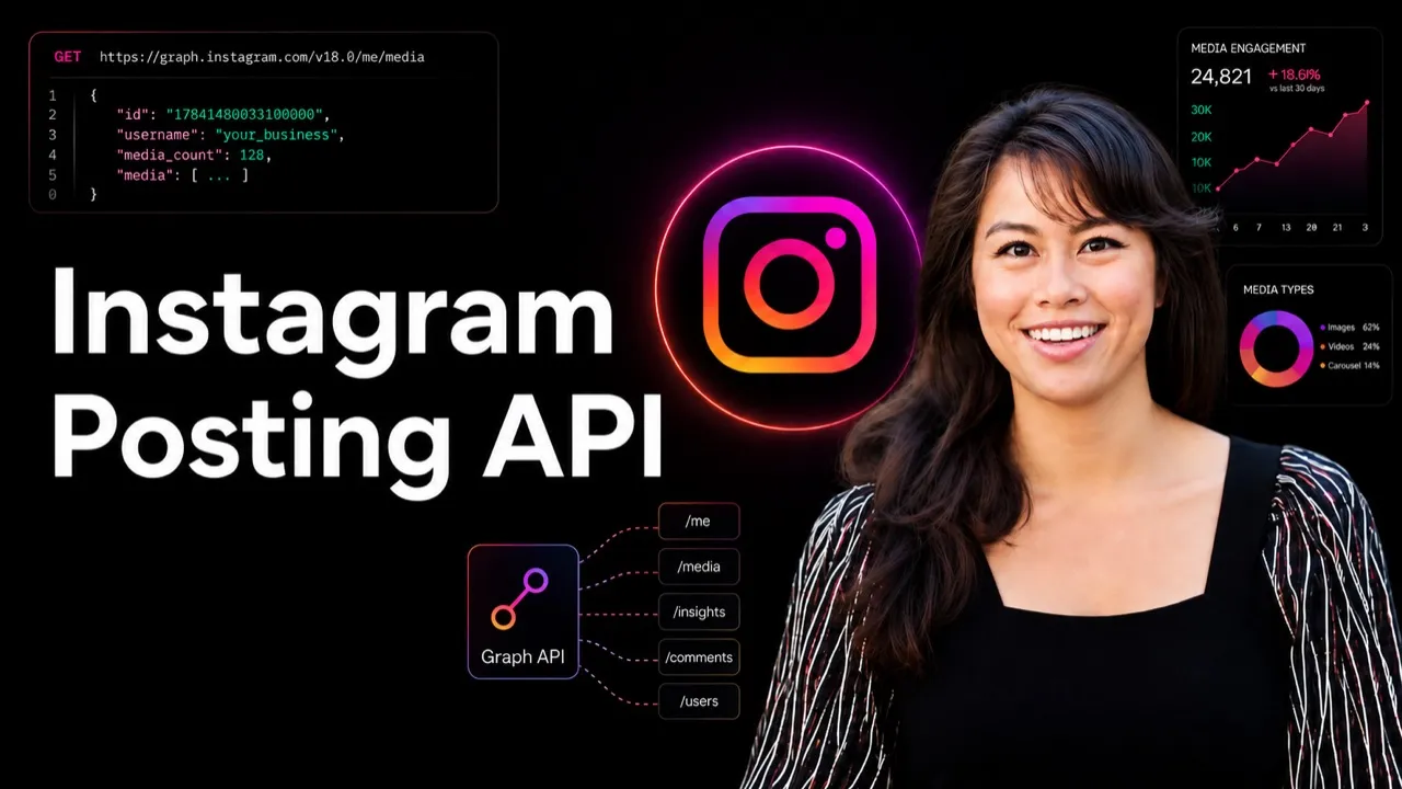 Instagram posting API guide cover with a Graph API request example, endpoint map, and engagement analytics
