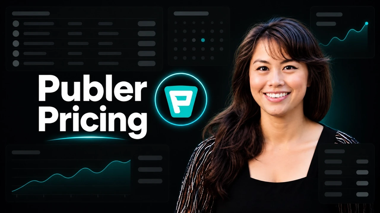 Publer Pricing 2026 hero with the Publer logo and Sabrina Ramonov on a dark background showing a content schedule and performance chart